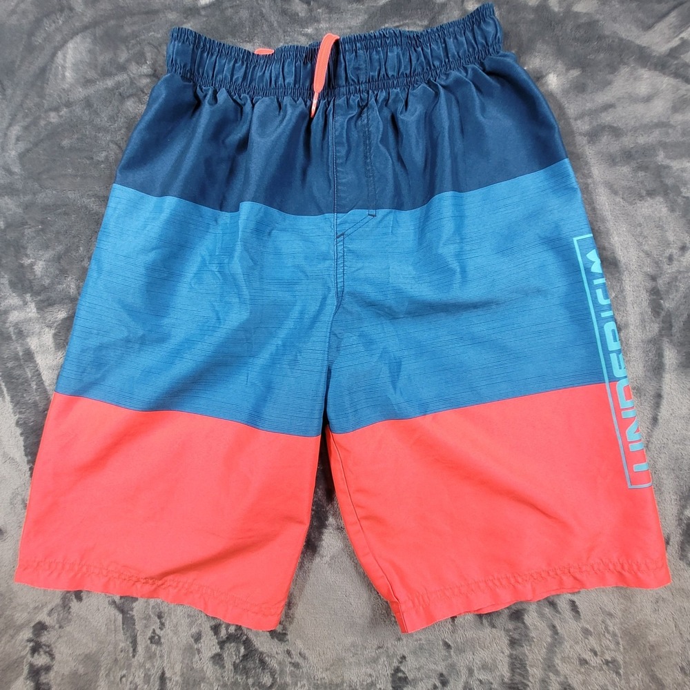 Under Armour Boys Swim Trunks Blue Coral Board Shorts Sz Large 9 Inch Inseam
